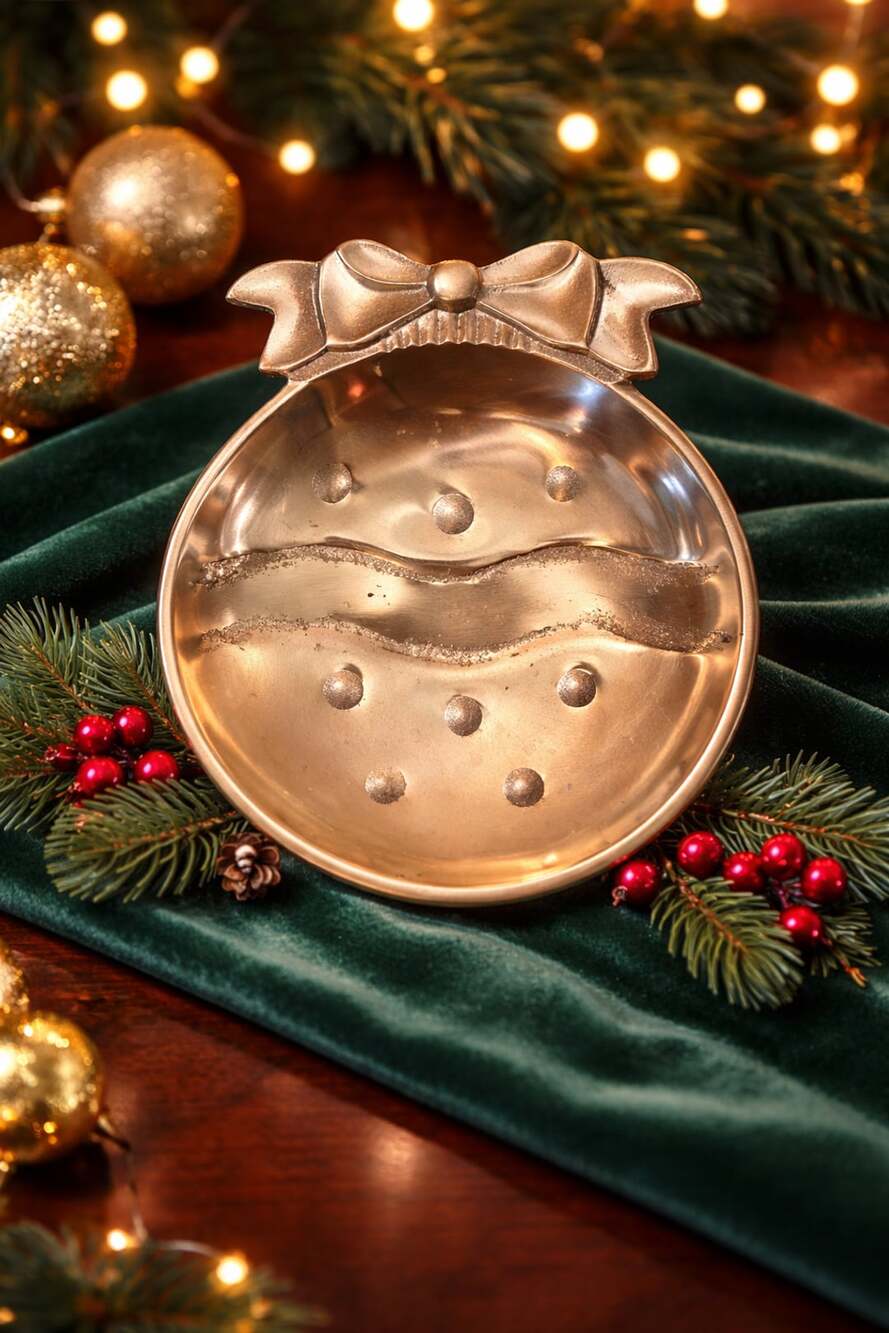 Unbranded Christmas Ornament Dish Silver Metal Trinket Tray with Bow